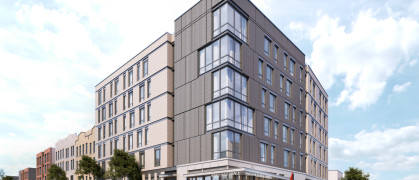 A rendering of the six-story building at the corner of White Plains Road and Penfield Street. 